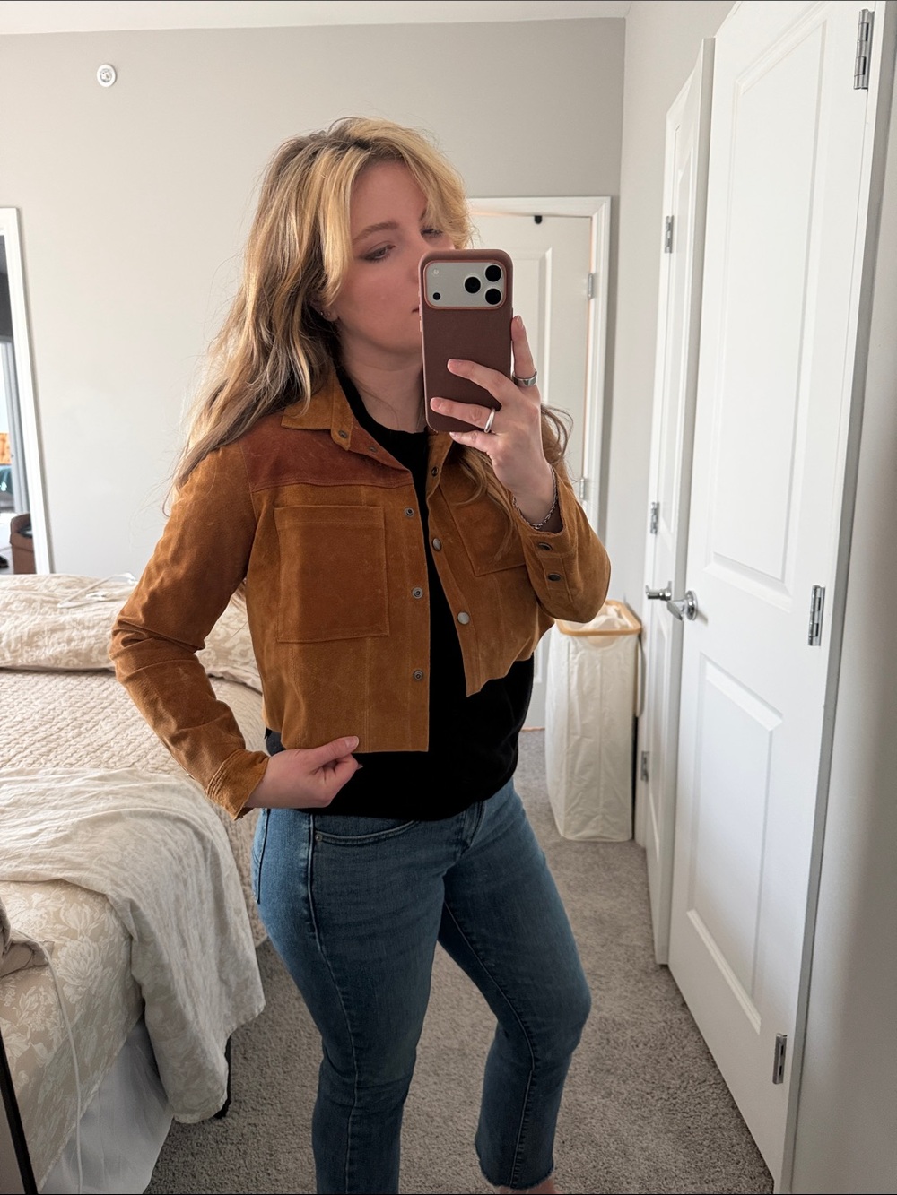 Topshop Cropped Suede Jacket in Chestnut